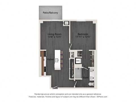 Floor plan for 1 bed, 1 bath, 798 sqft